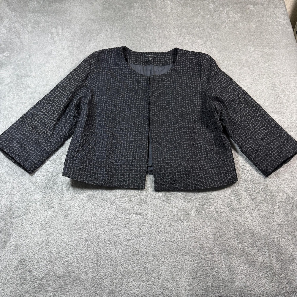 Eileen Fisher Blazer Womens XL Black Textured Collarless Open Lined Career